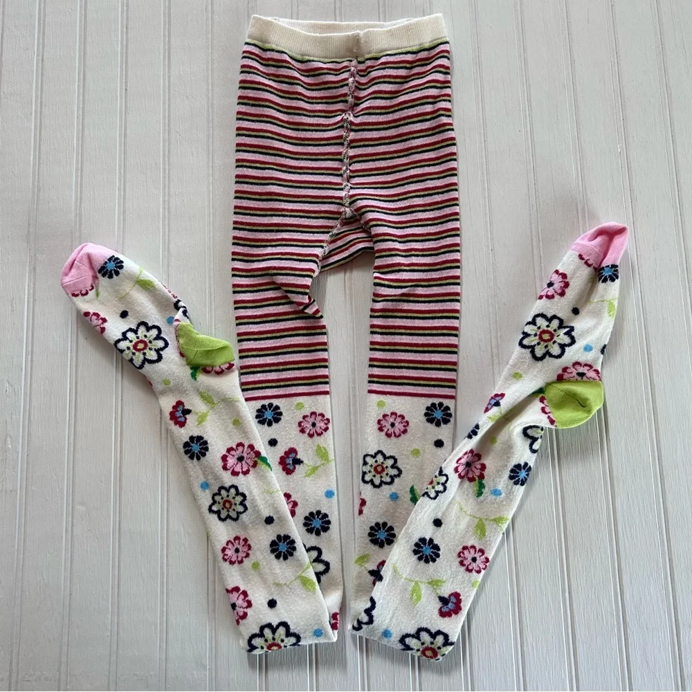 Hanna~ Girl’s Cotton Blend Made in Denmark Floral Stripe Footed Tights 150/160